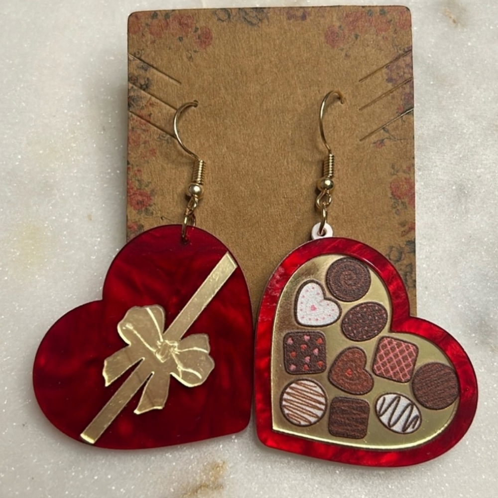 New acrylic Valentines day box of chocolate candy hearts earrings